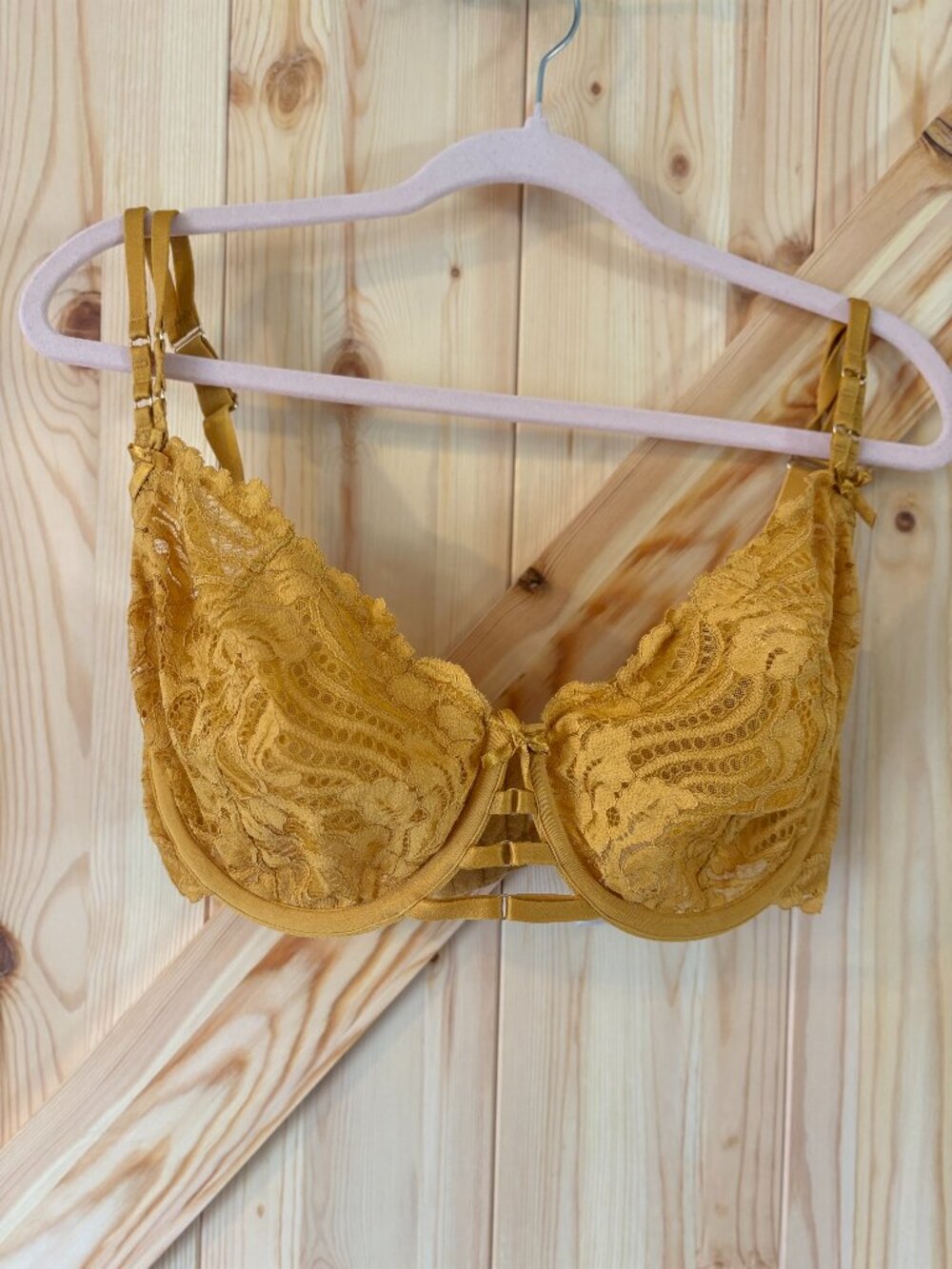 Cacique 38F Mustard Yellow Lace Bra Strappy Underwire Plus Size